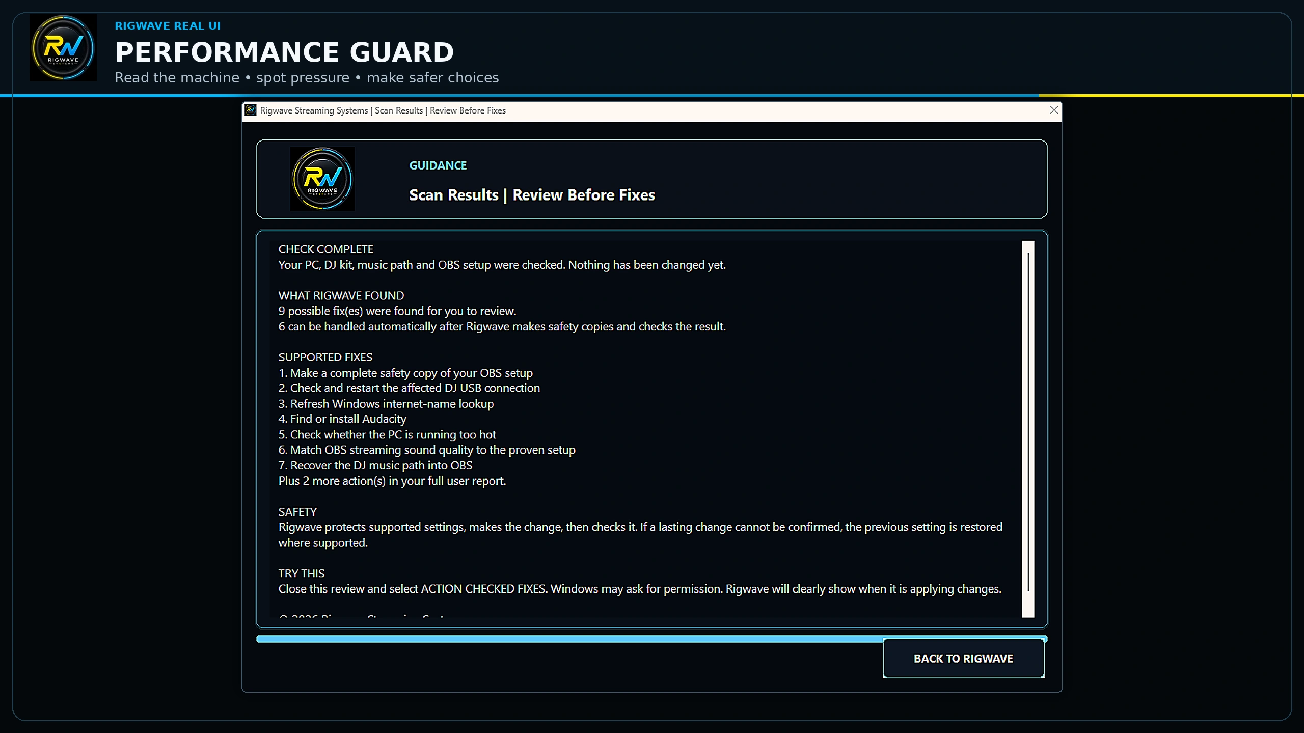 Performance Guard — real RigWave development interface