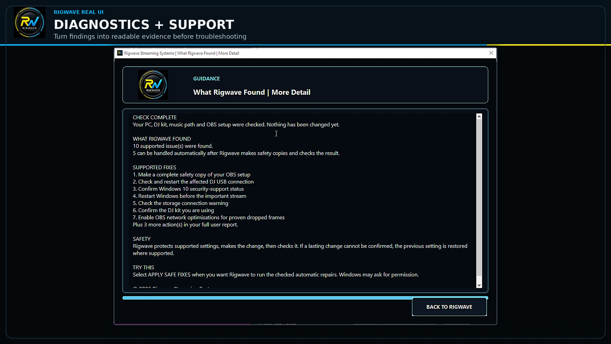 Diagnostics + Support — real RigWave development interface