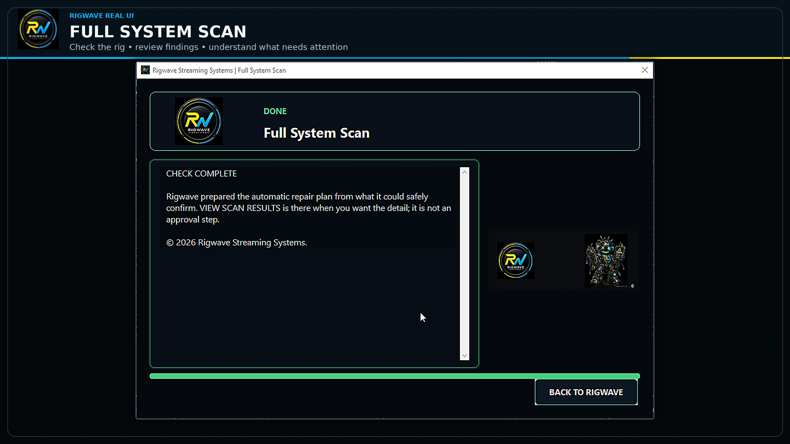 Full System Scan — real RigWave development interface