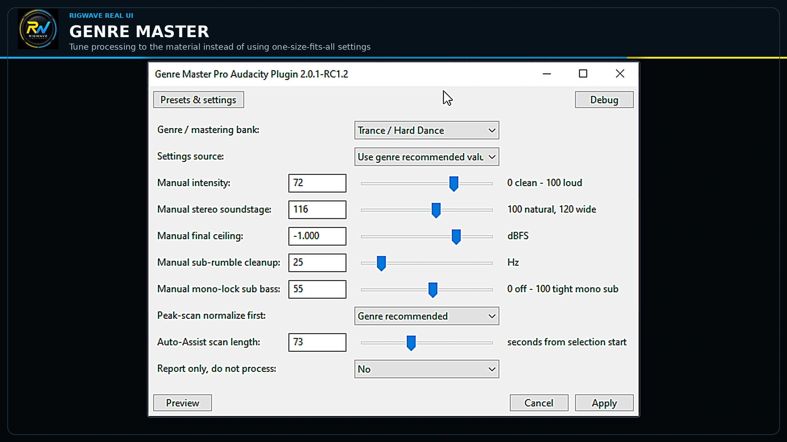 Genre Master — real RigWave development interface