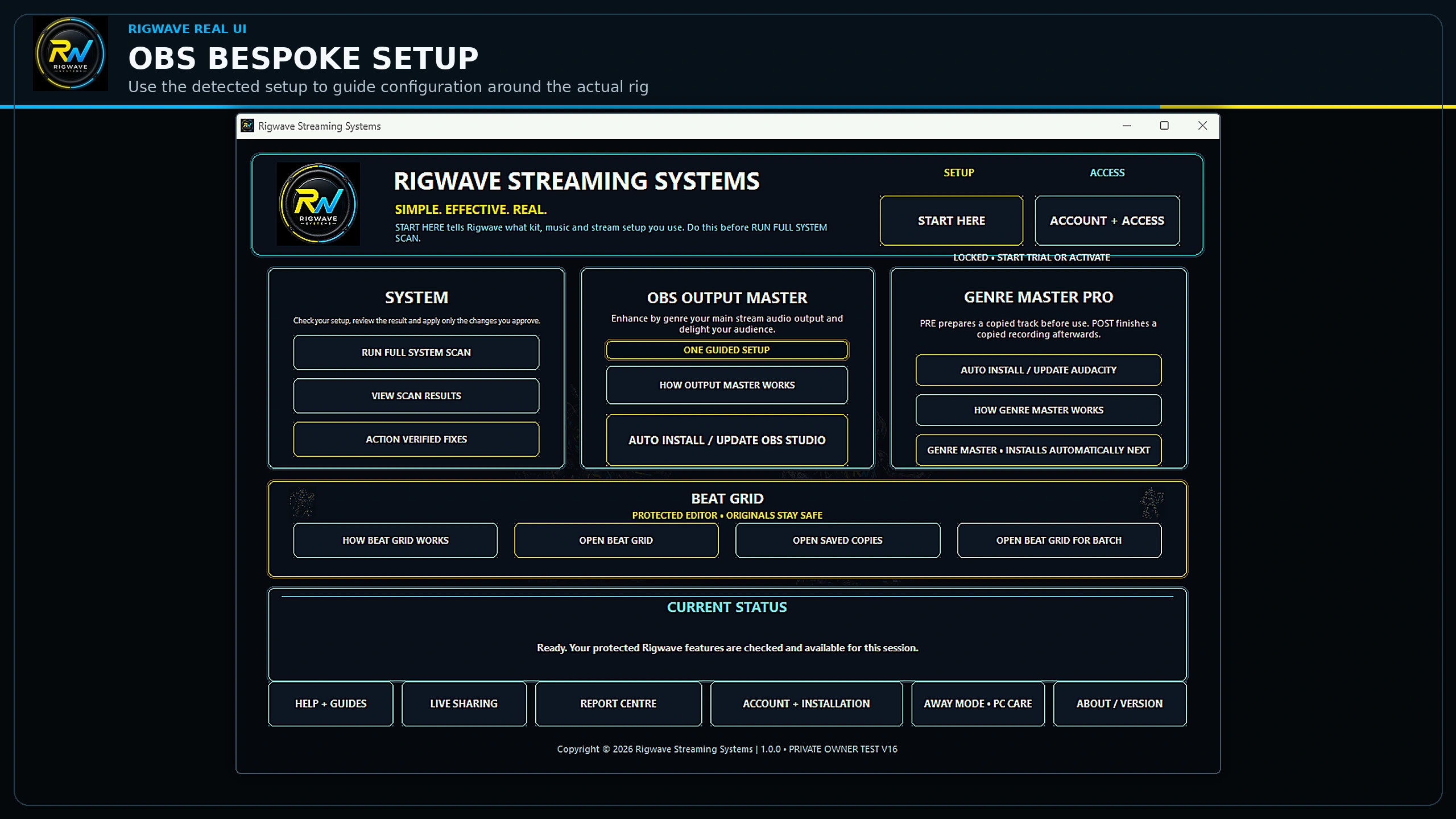 Obs Bespoke Setup — real RigWave development interface