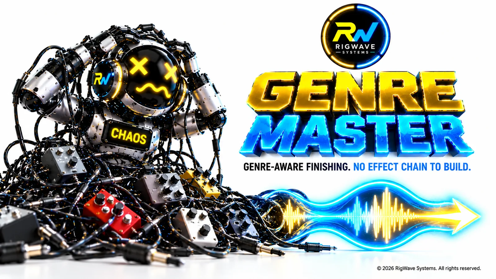 CHAOS character caught in effect-chain complexity beside a cleaner audio path.