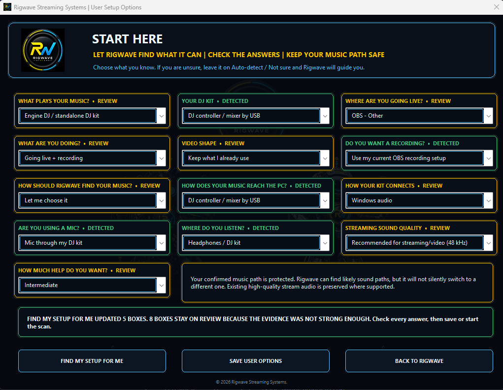 Real RigWave Start Here screen after safe auto-detection