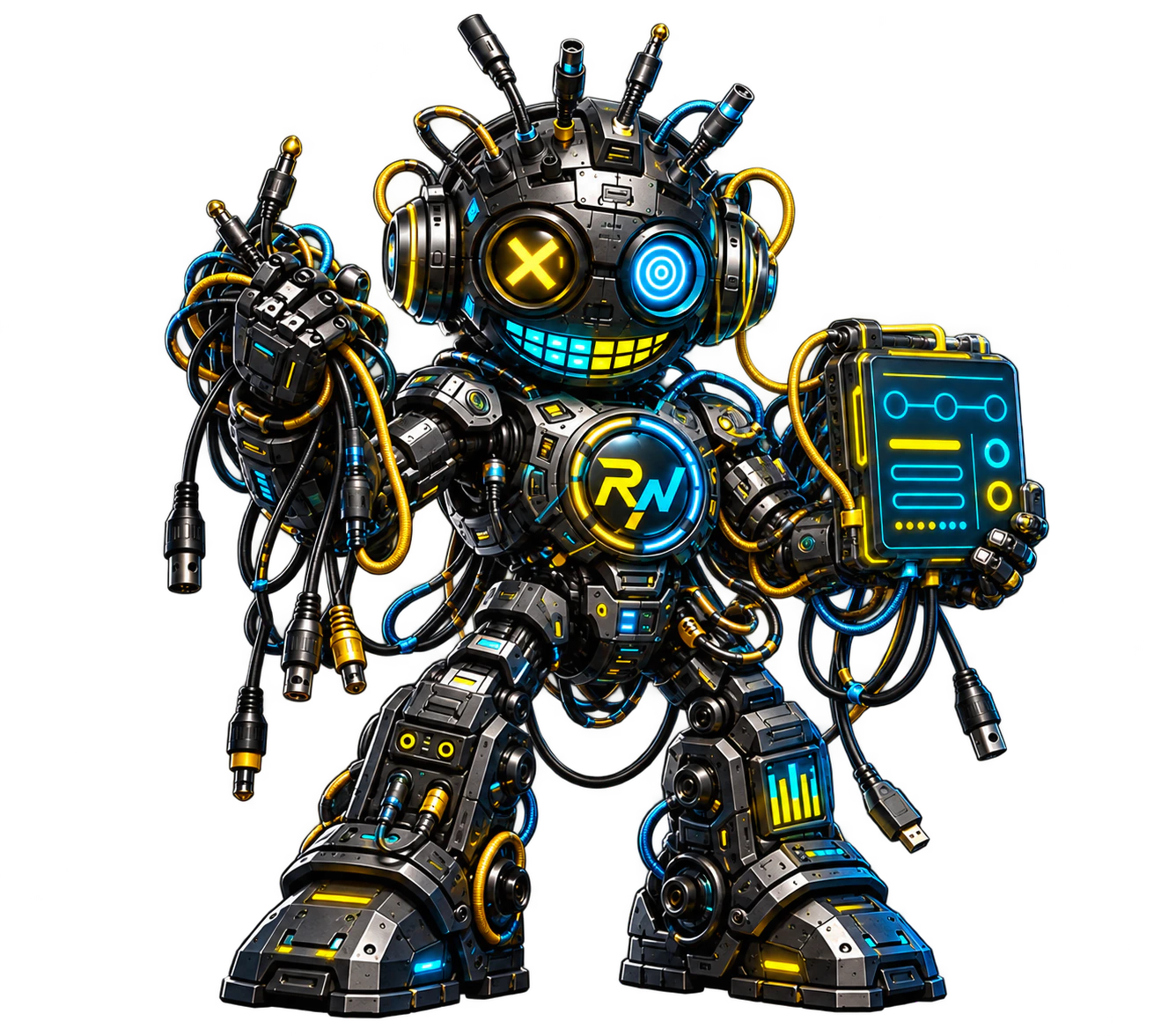 RigWave diagnostic mascot with X-shaped display eyes, cable tools and a route panel
