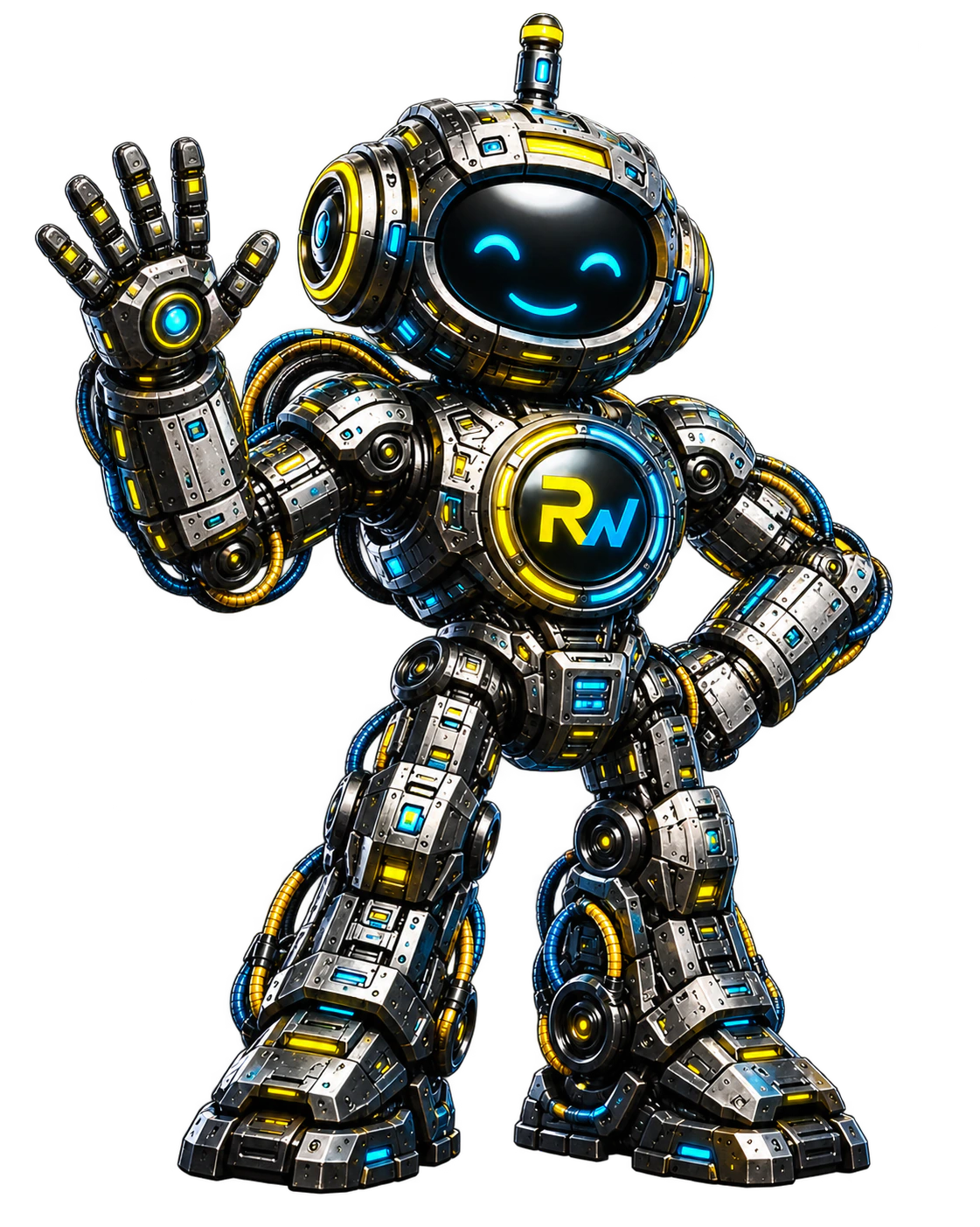 Friendly RigWave mascot waving with one hand and standing with the other hand on its hip