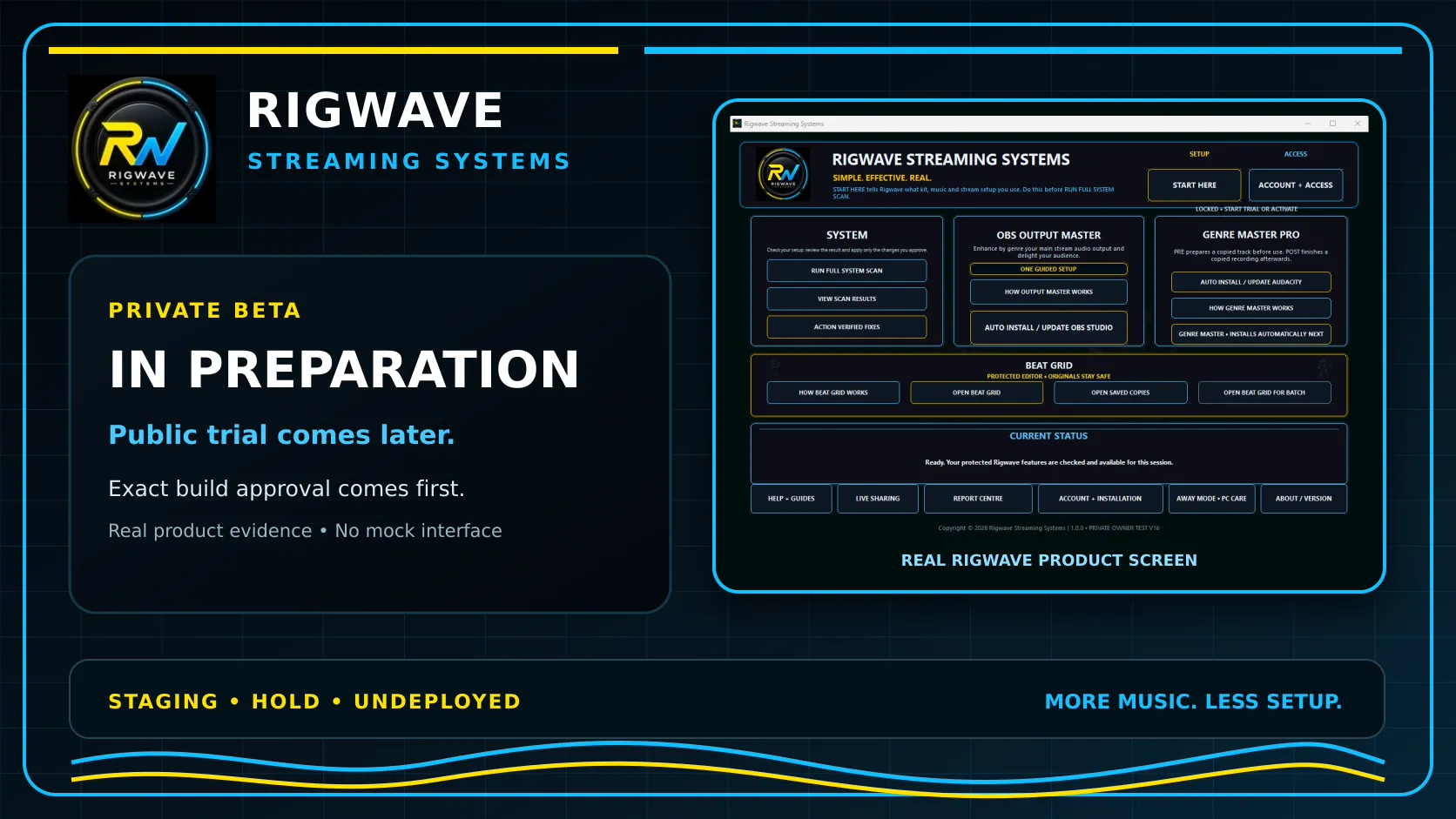 RigWave private beta in preparation, with a real product screen
